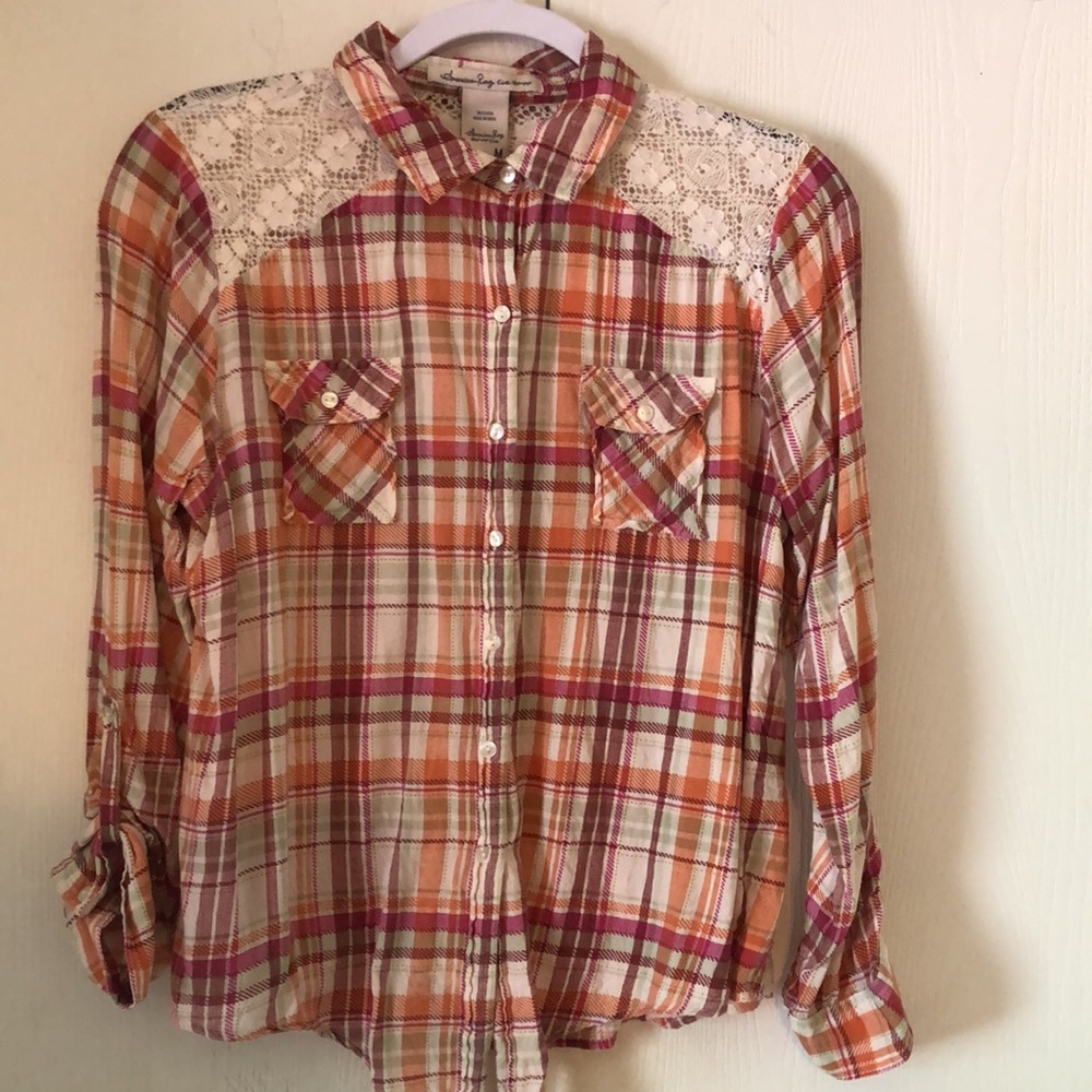 Women’s fall American Rag medium Plaid Button-Up Shirt with Lace Details